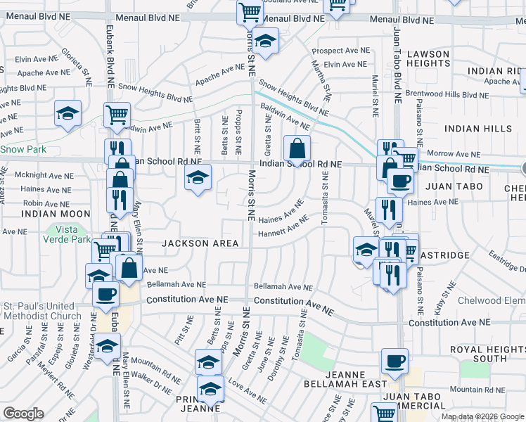 map of restaurants, bars, coffee shops, grocery stores, and more near 11004 Haines Avenue Northeast in Albuquerque
