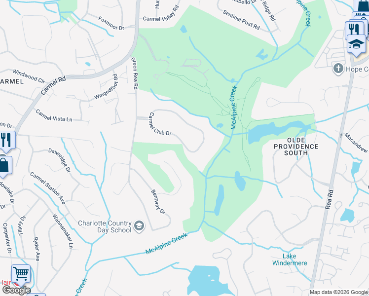 map of restaurants, bars, coffee shops, grocery stores, and more near 5815 Masters Court in Charlotte