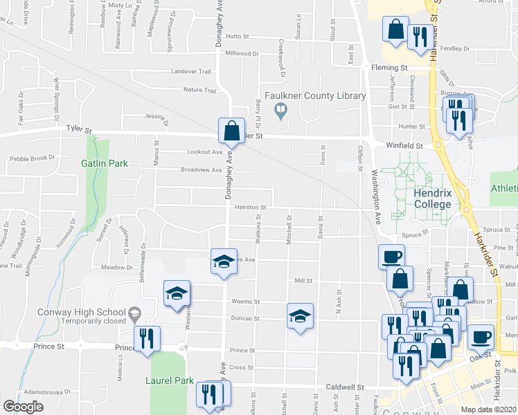 map of restaurants, bars, coffee shops, grocery stores, and more near 1422 Watkins Street in Conway