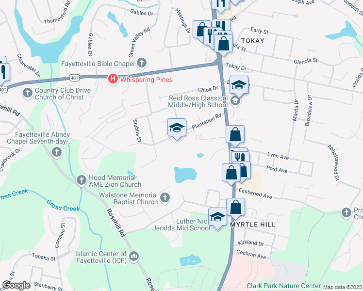 map of restaurants, bars, coffee shops, grocery stores, and more near 128 Hillview Avenue in Fayetteville