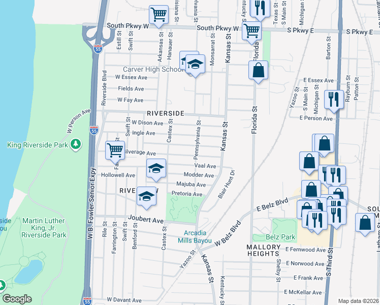 map of restaurants, bars, coffee shops, grocery stores, and more near 142 Vaal Avenue in Memphis