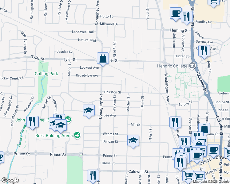 map of restaurants, bars, coffee shops, grocery stores, and more near 1928 Independence Street in Conway