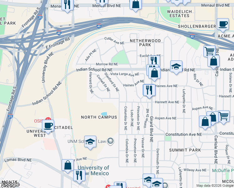 map of restaurants, bars, coffee shops, grocery stores, and more near 2400 Hannett Avenue Northeast in Albuquerque