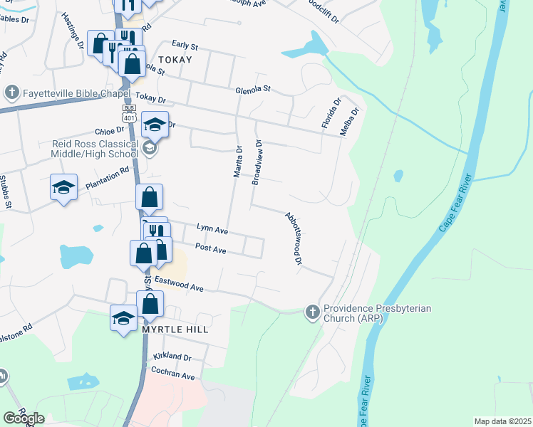 map of restaurants, bars, coffee shops, grocery stores, and more near 316 Abbottswood Drive in Fayetteville