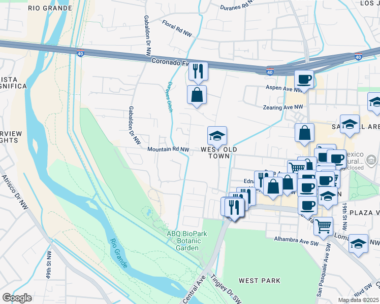 map of restaurants, bars, coffee shops, grocery stores, and more near 2700 Mountain Road Northwest in Albuquerque