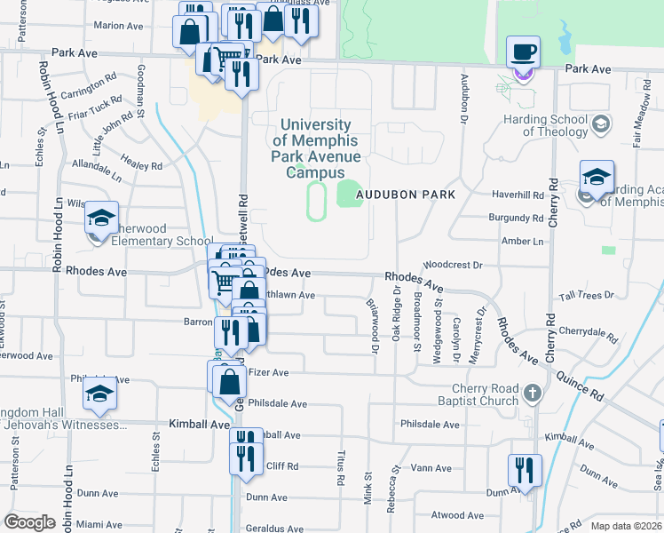 map of restaurants, bars, coffee shops, grocery stores, and more near 4082 Rhodes Avenue in Memphis