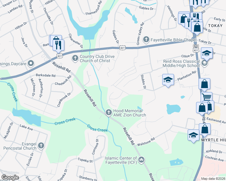 map of restaurants, bars, coffee shops, grocery stores, and more near 3130 Green Valley Road in Fayetteville