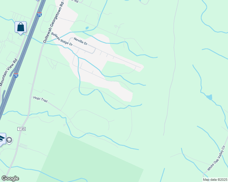 map of restaurants, bars, coffee shops, grocery stores, and more near 6513 Hideaway Road in Ooltewah