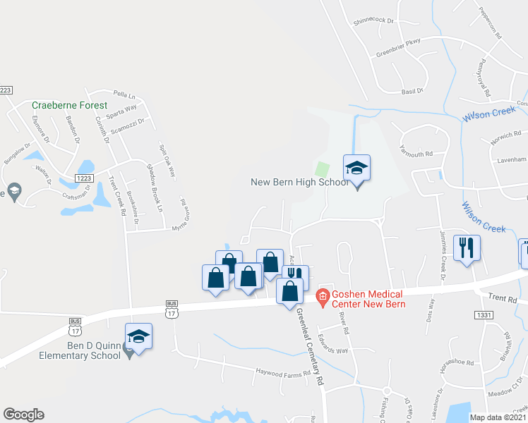 map of restaurants, bars, coffee shops, grocery stores, and more near 116 Moses Griffin Lane in New Bern