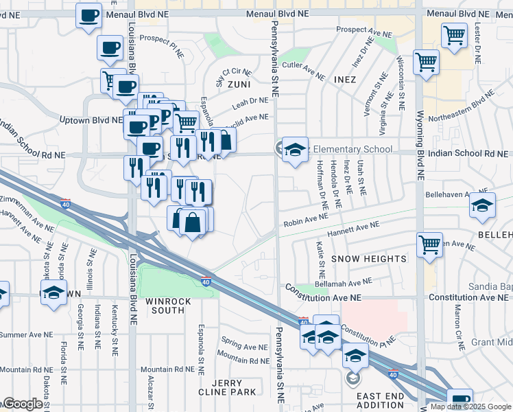 map of restaurants, bars, coffee shops, grocery stores, and more near 1601 Pennsylvania Street Northeast in Albuquerque