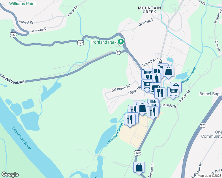 map of restaurants, bars, coffee shops, grocery stores, and more near 163 Dal Brown Road in Chattanooga