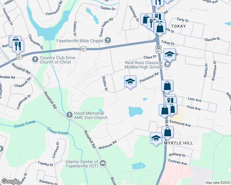 map of restaurants, bars, coffee shops, grocery stores, and more near Plantation Rd & Wedgewood Dr in Fayetteville