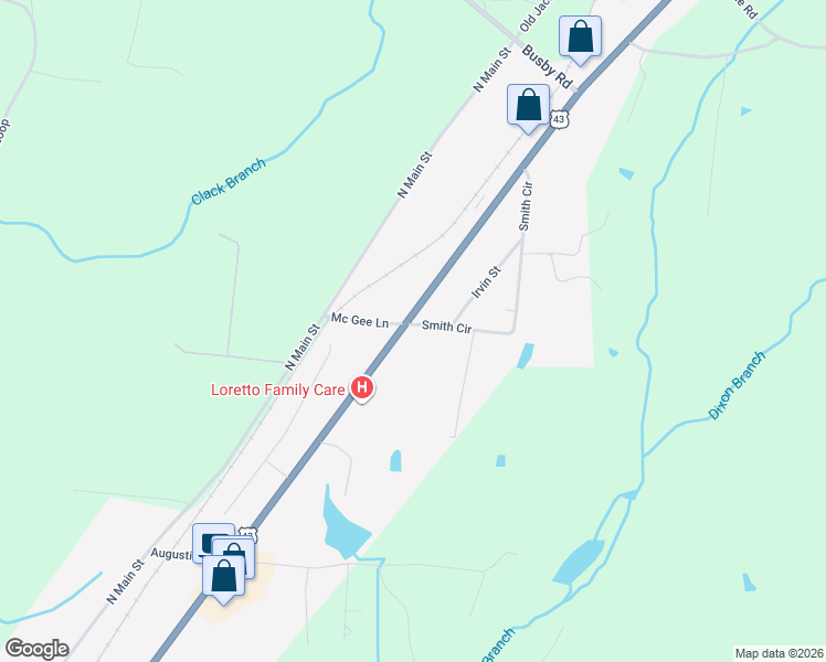 map of restaurants, bars, coffee shops, grocery stores, and more near 43 McGee Lane Highway in Loretto