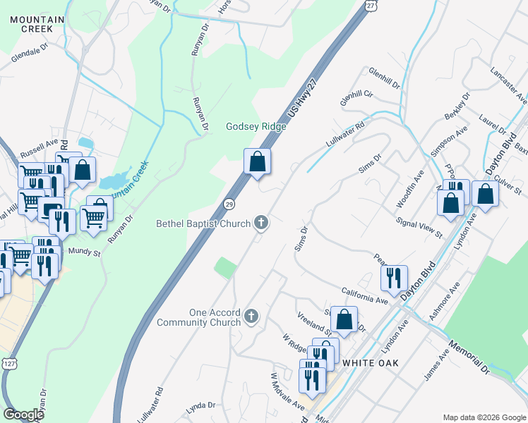 map of restaurants, bars, coffee shops, grocery stores, and more near 510 Mountain Ridge Road in Chattanooga