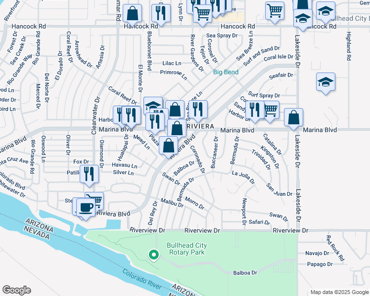 map of restaurants, bars, coffee shops, grocery stores, and more near 2046 Riviera Boulevard in Bullhead City