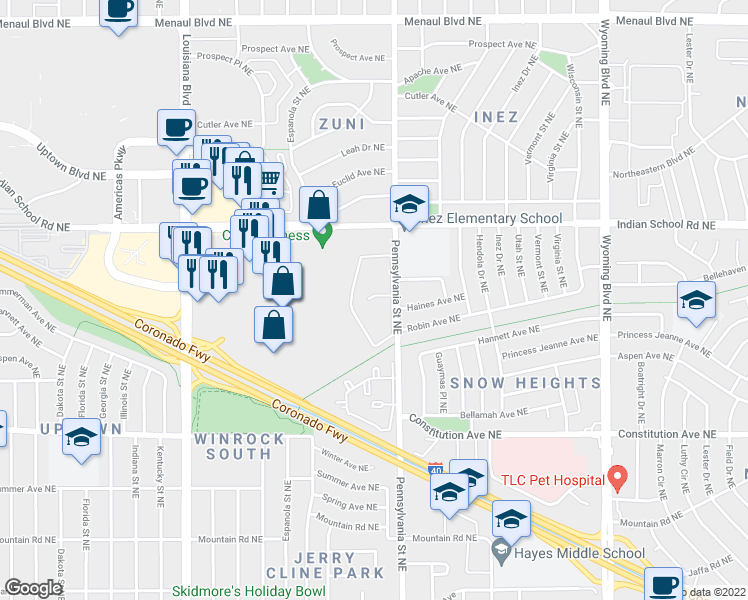 map of restaurants, bars, coffee shops, grocery stores, and more near 1610 Pennsylvania Street Northeast in Albuquerque