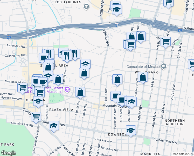 map of restaurants, bars, coffee shops, grocery stores, and more near 1309 12th Street Northwest in Albuquerque