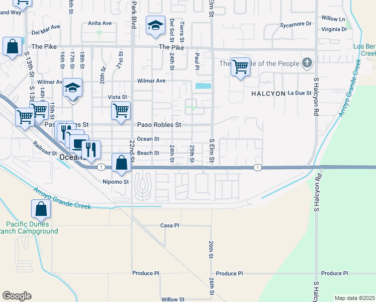 map of restaurants, bars, coffee shops, grocery stores, and more near 2460 Ocean Street in Oceano