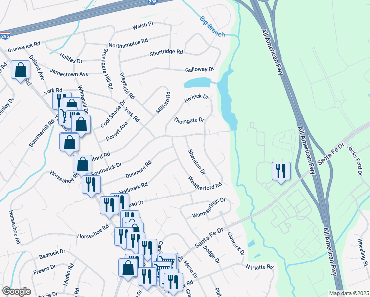 map of restaurants, bars, coffee shops, grocery stores, and more near 5610 Sheraton Drive in Fayetteville