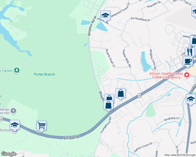 map of restaurants, bars, coffee shops, grocery stores, and more near 16051-16481 Shopton Road West in Charlotte