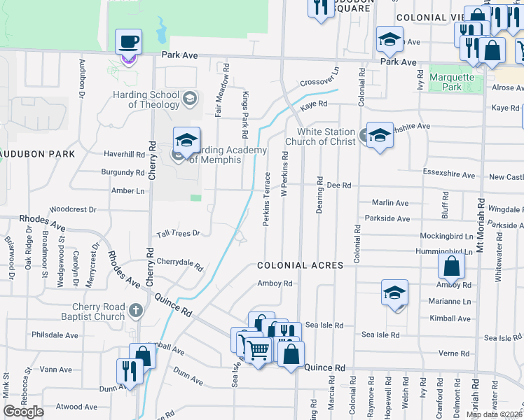 map of restaurants, bars, coffee shops, grocery stores, and more near 1158 Perkins Terrace in Memphis