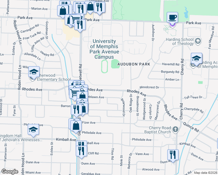map of restaurants, bars, coffee shops, grocery stores, and more near 4082 Rhodes Avenue in Memphis