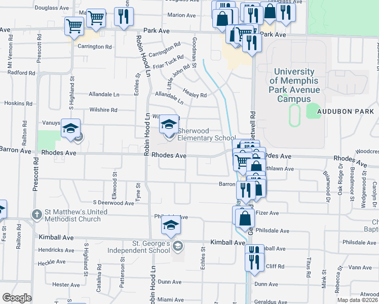 map of restaurants, bars, coffee shops, grocery stores, and more near 3807 Maid Marian Lane in Memphis