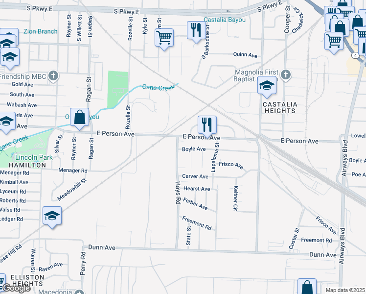 map of restaurants, bars, coffee shops, grocery stores, and more near 1670 Hays Street in Memphis