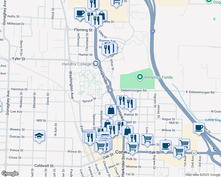 map of restaurants, bars, coffee shops, grocery stores, and more near Harkrider Street in Conway