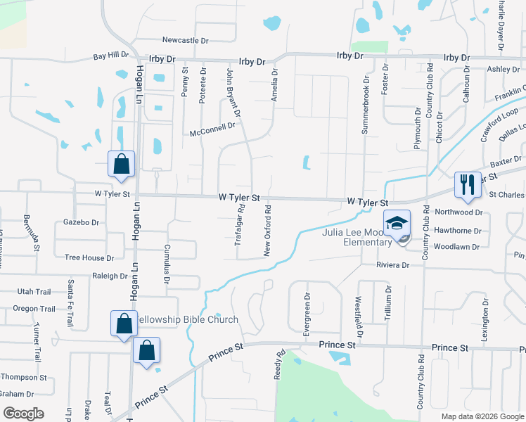 map of restaurants, bars, coffee shops, grocery stores, and more near 1515 New Oxford Road in Conway