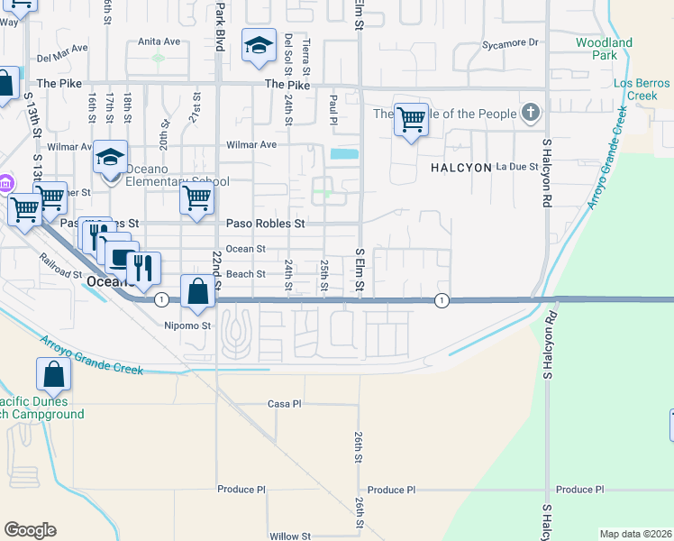 map of restaurants, bars, coffee shops, grocery stores, and more near 2531 Cienaga Street in Oceano
