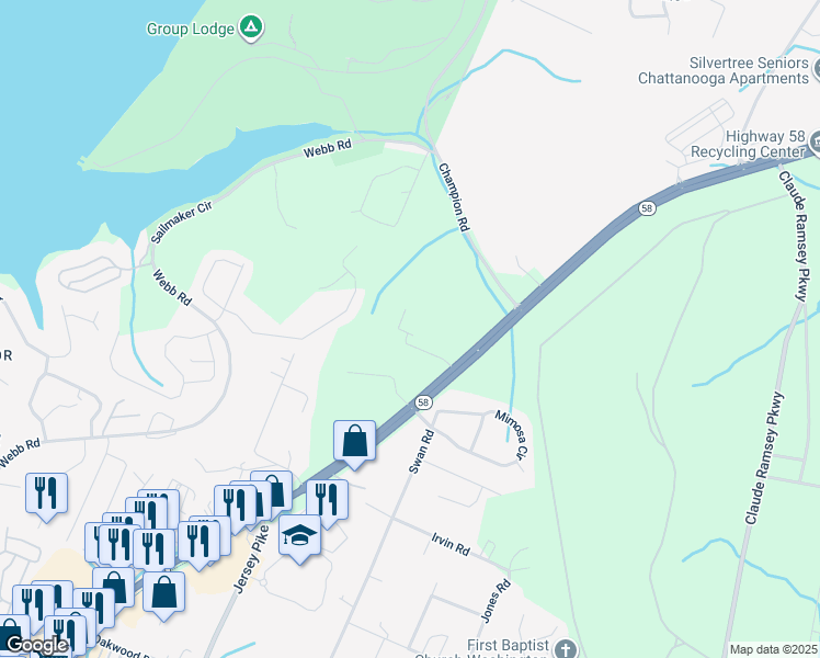 map of restaurants, bars, coffee shops, grocery stores, and more near 5121 Hulk Lane in Chattanooga