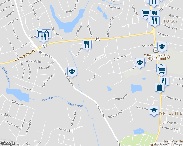 map of restaurants, bars, coffee shops, grocery stores, and more near 1713 Rock Creek Lane in Fayetteville