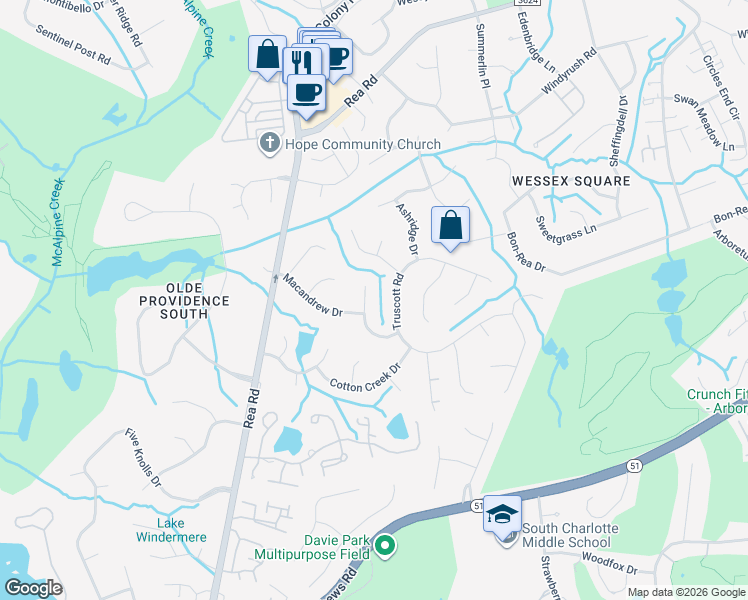 map of restaurants, bars, coffee shops, grocery stores, and more near 4601 Benridge Lane in Charlotte