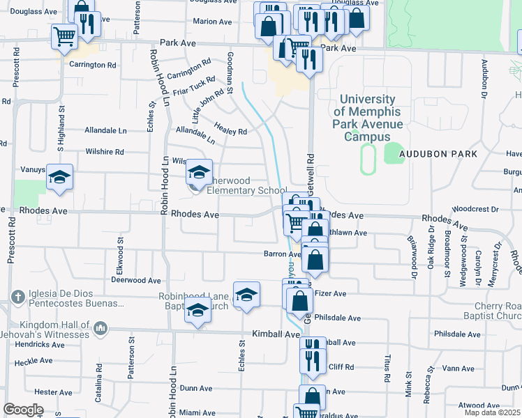 map of restaurants, bars, coffee shops, grocery stores, and more near 3856 Rhodes Avenue in Memphis