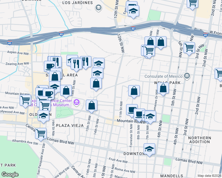 map of restaurants, bars, coffee shops, grocery stores, and more near 1309 12th Street Northwest in Albuquerque