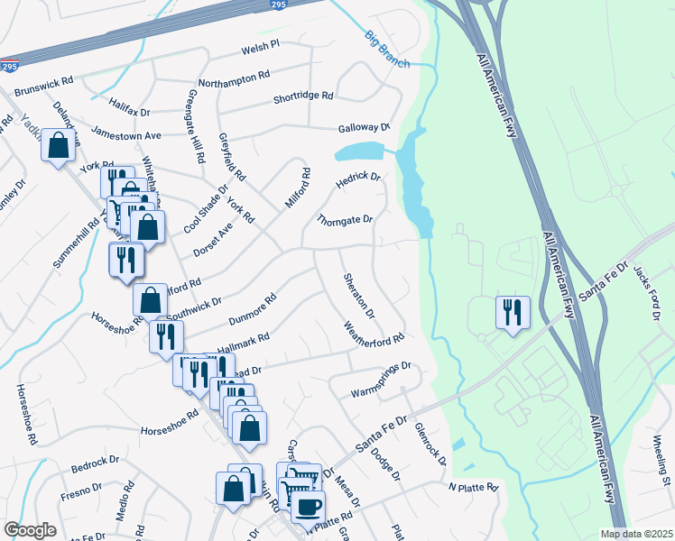 map of restaurants, bars, coffee shops, grocery stores, and more near 5610 Sheraton Drive in Fayetteville