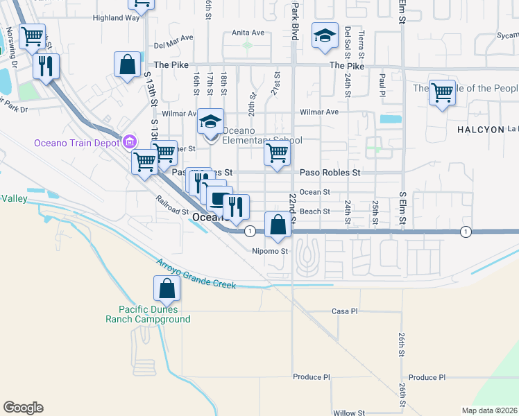 map of restaurants, bars, coffee shops, grocery stores, and more near 2110 Ocean Street in Oceano