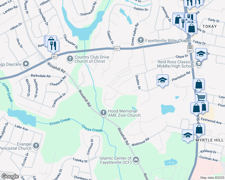 map of restaurants, bars, coffee shops, grocery stores, and more near 1713 Rock Creek Lane in Fayetteville
