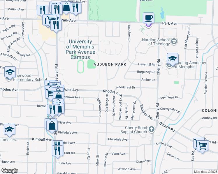 map of restaurants, bars, coffee shops, grocery stores, and more near 1159 Oak Ridge Drive in Memphis