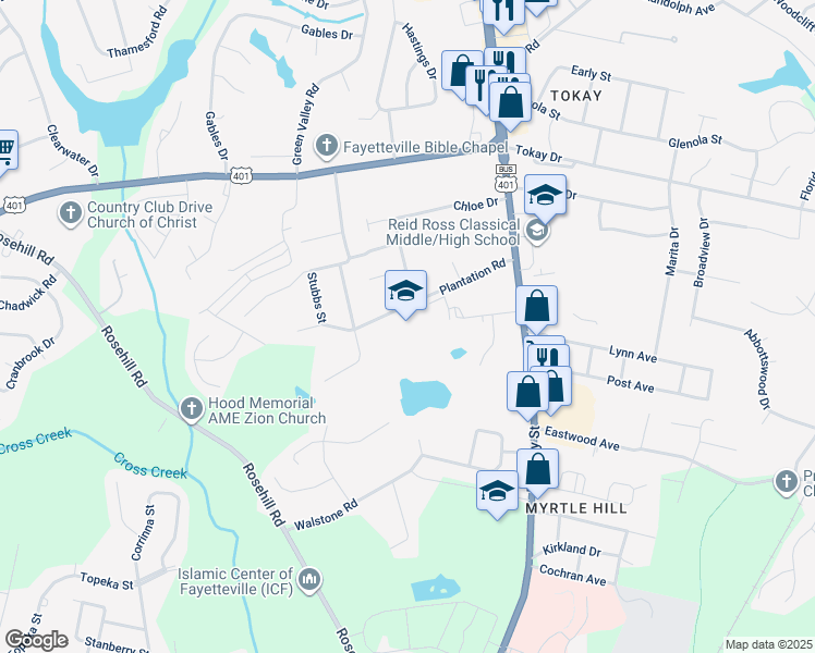 map of restaurants, bars, coffee shops, grocery stores, and more near 128 Hillview Avenue in Fayetteville