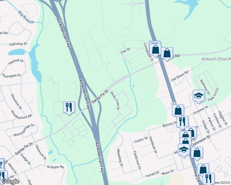 map of restaurants, bars, coffee shops, grocery stores, and more near 2108 Jacks Ford Drive in Fayetteville