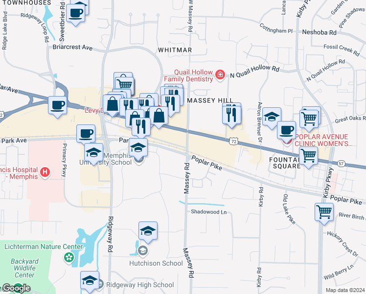 map of restaurants, bars, coffee shops, grocery stores, and more near 7653 Old Poplar Pike in Memphis
