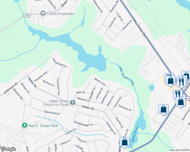 map of restaurants, bars, coffee shops, grocery stores, and more near 1529-1533 Mintz Avenue in Fayetteville