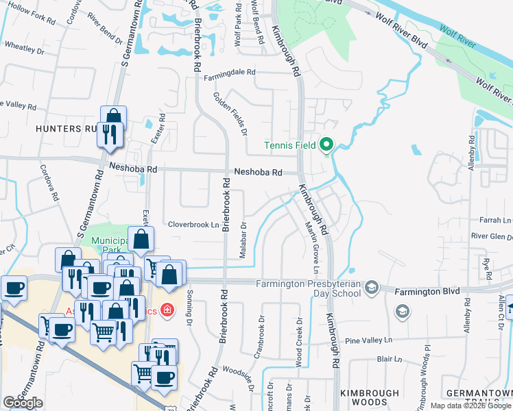 map of restaurants, bars, coffee shops, grocery stores, and more near 1798 Malabar Drive in Germantown