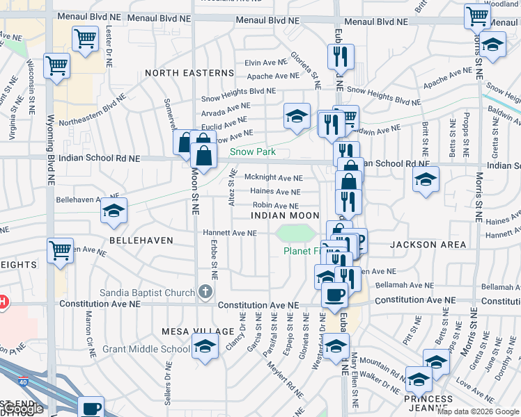 map of restaurants, bars, coffee shops, grocery stores, and more near 9614 Haines Avenue Northeast in Albuquerque