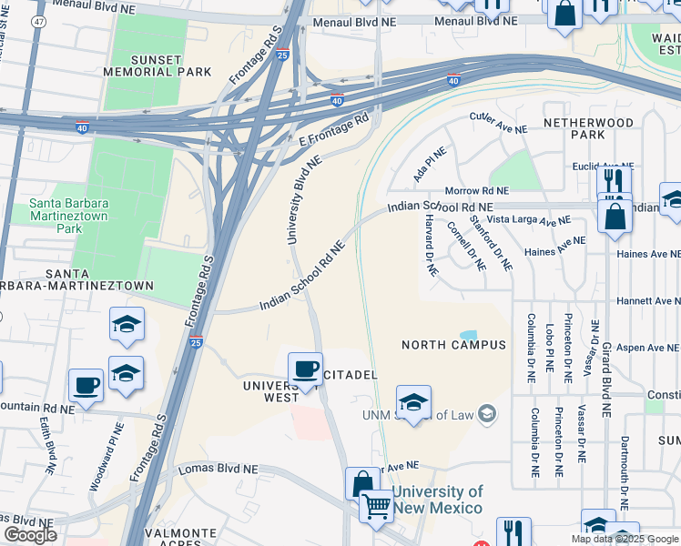 map of restaurants, bars, coffee shops, grocery stores, and more near 1620 Indian School Road Northeast in Albuquerque