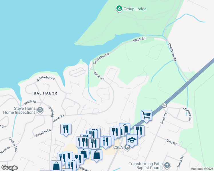 map of restaurants, bars, coffee shops, grocery stores, and more near 4217 Inlet Loop in Chattanooga