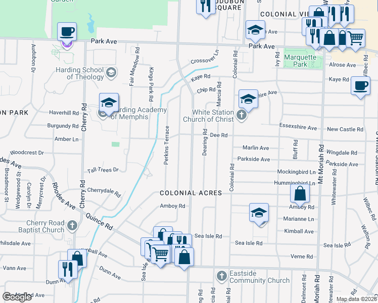 map of restaurants, bars, coffee shops, grocery stores, and more near 1161 South Perkins Road in Memphis