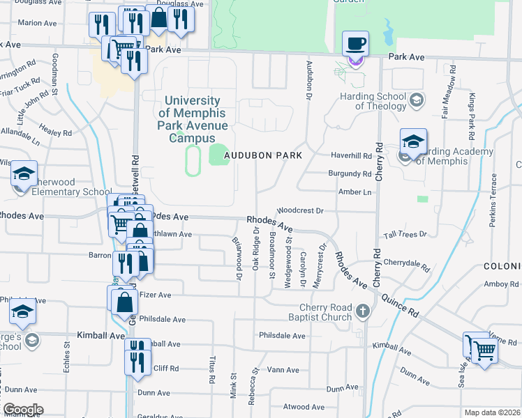 map of restaurants, bars, coffee shops, grocery stores, and more near 1159 Oak Ridge Drive in Memphis